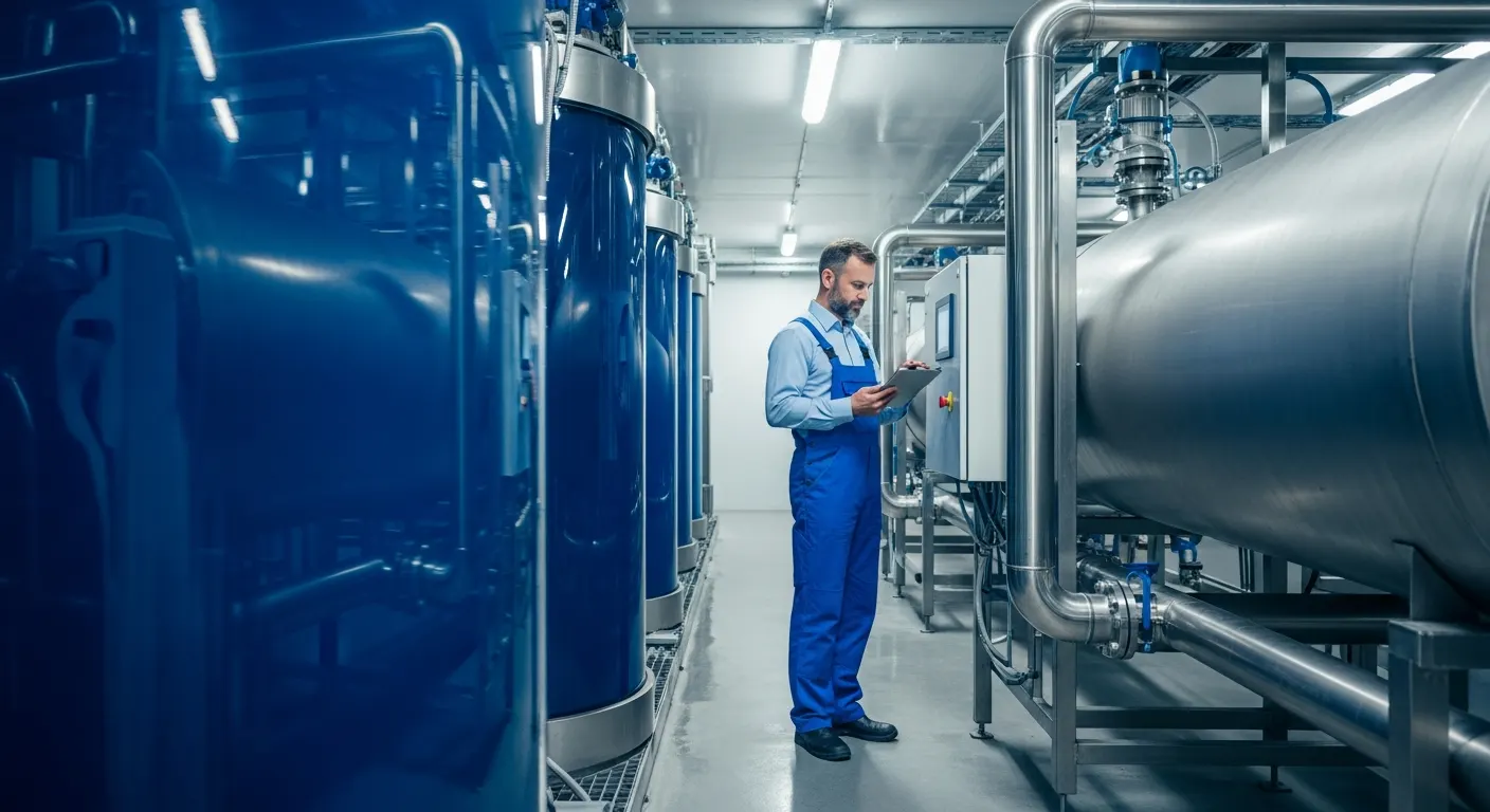 Operator inspecting treatment plant equipment